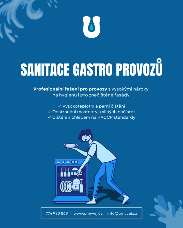 Grafika Sanitace gastro provozů: vysokoteplotní a parní čištění, odstranění mastnoty a silných nečistot, čištění s ohledem na HACCP standardy.