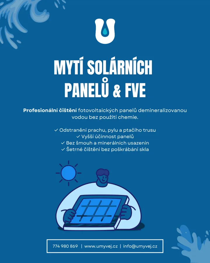 Grafika Mytí solárních panelů a FVE demineralizovanou vodou bez chemie: odstranění prachu, pylu a ptačího trusu, vyšší účinnost panelů, bez šmouh a bez poškrábání skla.