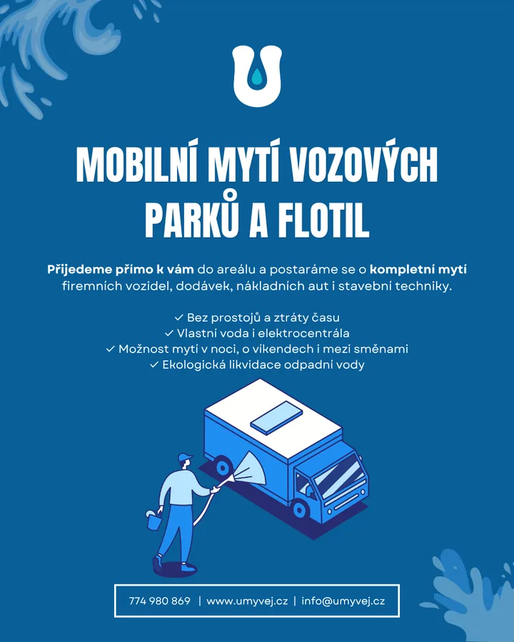 Grafika Mobilní mytí vozových parků a flotil: přijedeme přímo k vám do areálu, bez prostojů, vlastní voda i elektrocentrála, mytí v noci i o víkendech, ekologická likvidace odpadní vody.
