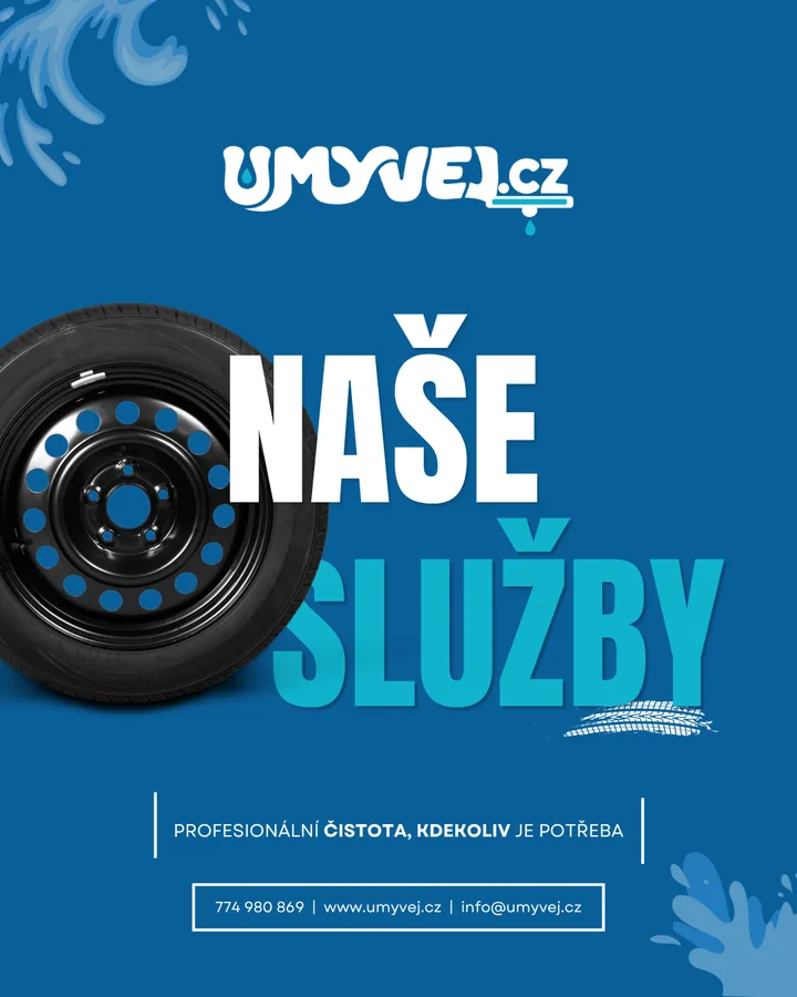 Úvodní brandová grafika UMYVEJ.CZ s nápisem Naše služby, logem a automobilovým kolem na modrém pozadí.
