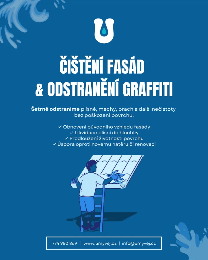 Grafika Čištění fasád a odstranění graffiti: šetrné odstranění plísní, mechů a prachu, obnovení vzhledu fasády a prodloužení životnosti povrchu.