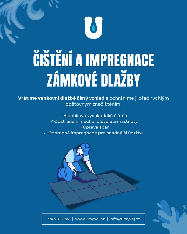 Grafika Čištění a impregnace zámkové dlažby: hloubkové vysokotlaké čištění, odstranění mechu, plevele a mastnoty, úprava spár a ochranná impregnace.